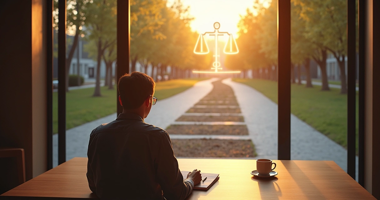 Pessoa refletindo diante de dois caminhos simbolizando decisão ética consciente 
