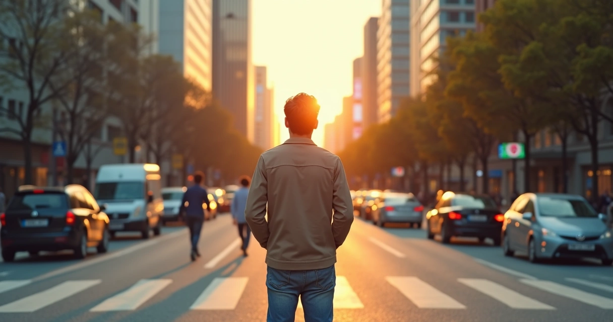 Pessoa refletindo diante de duas escolhas em ambiente urbano moderno 