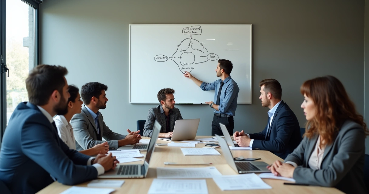 Colaboradores reunidos ao redor de mesa analisando documentos com expressões sérias 