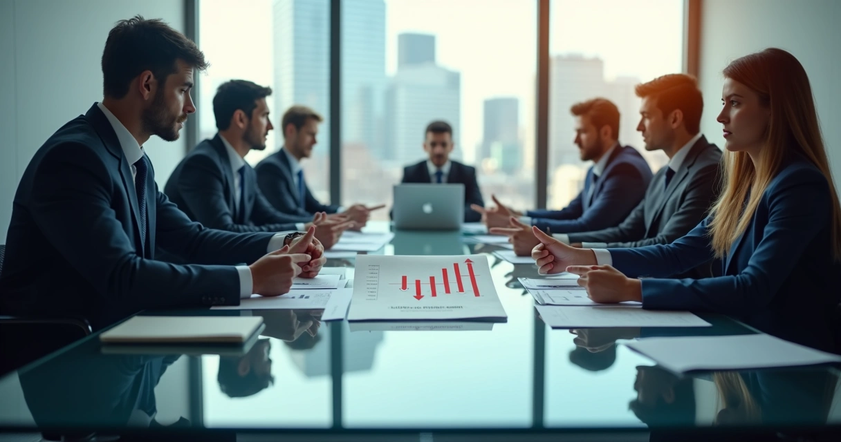 Executivos em sala de reunião divididos entre escolha ética e pressão por lucro 