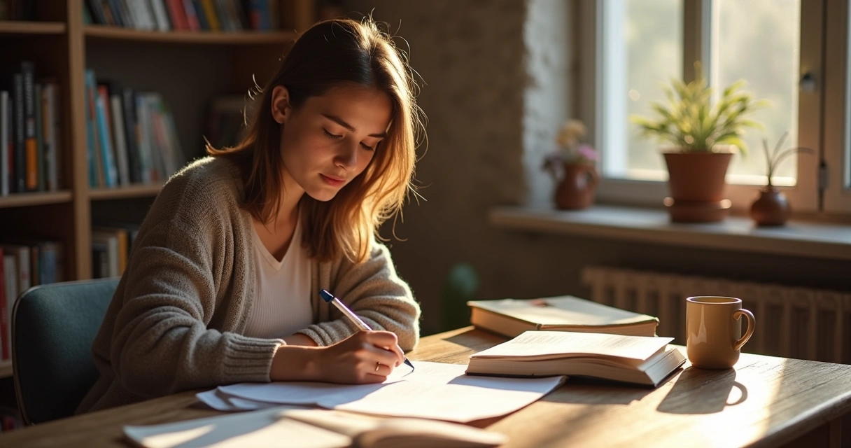 Pessoa escrevendo uma lista de valores éticos sobre uma mesa, com luz suave 