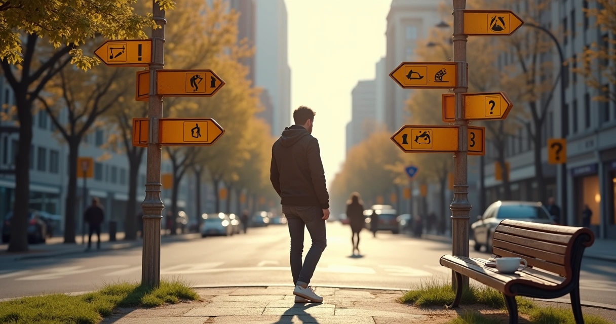 Pessoa pensando em diferentes caminhos com símbolos de ética e dúvida 