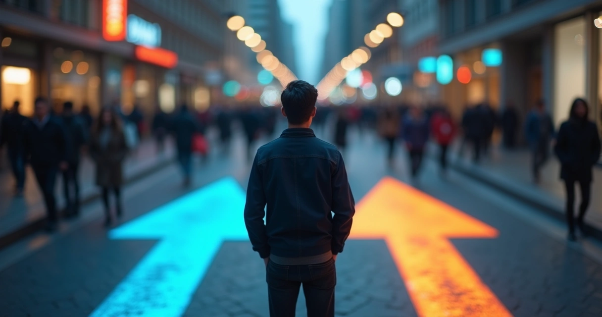 Pessoa parada diante de duas setas no chão indicando caminhos opostos 