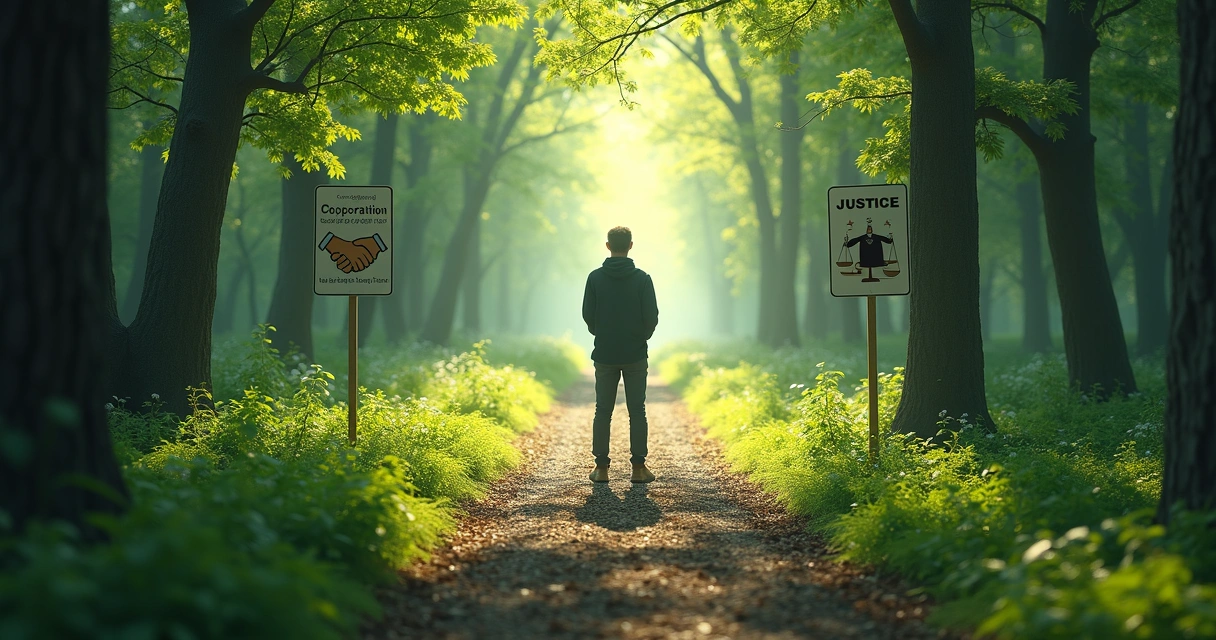 Pessoa olhando para dois caminhos em uma trilha com árvores 