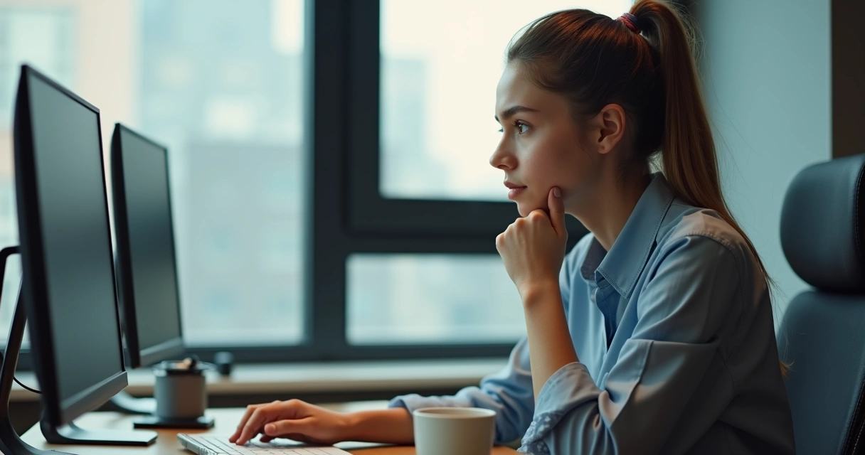 Pessoa refletindo antes de tomar decisão no escritório 