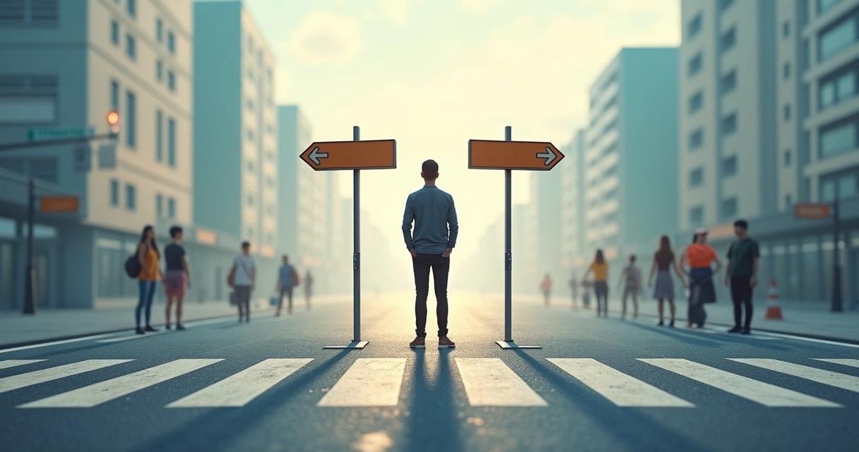 Pessoa parada em frente a duas placas mostrando caminhos opostos 