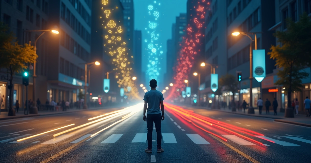 Pessoa em cruzamento noturno observando caminhos iluminados por cores distintas 