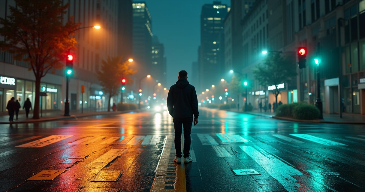 Pessoa em pé em cruzamento noturno iluminado diante de sinais éticos opostos 