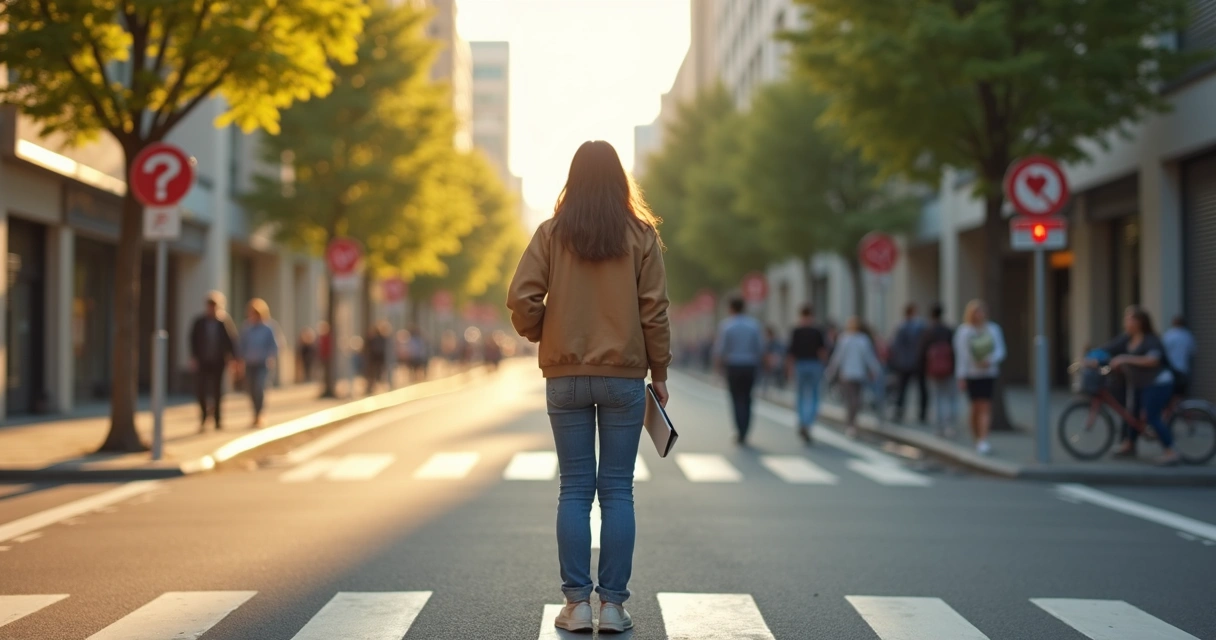 Pessoa escolhendo caminho ético em cruzamento de ruas na cidade 