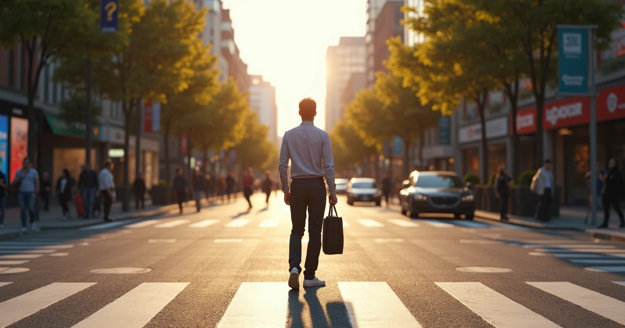 Pessoa em encruzilhada urbana refletindo sobre decisão ética no dia a dia 