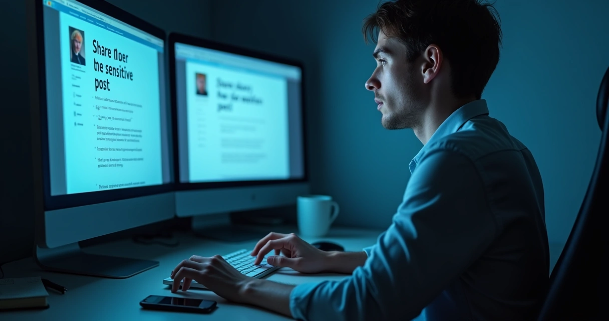 Pessoa hesitando diante de duas telas de computador exibindo decisões opostas 