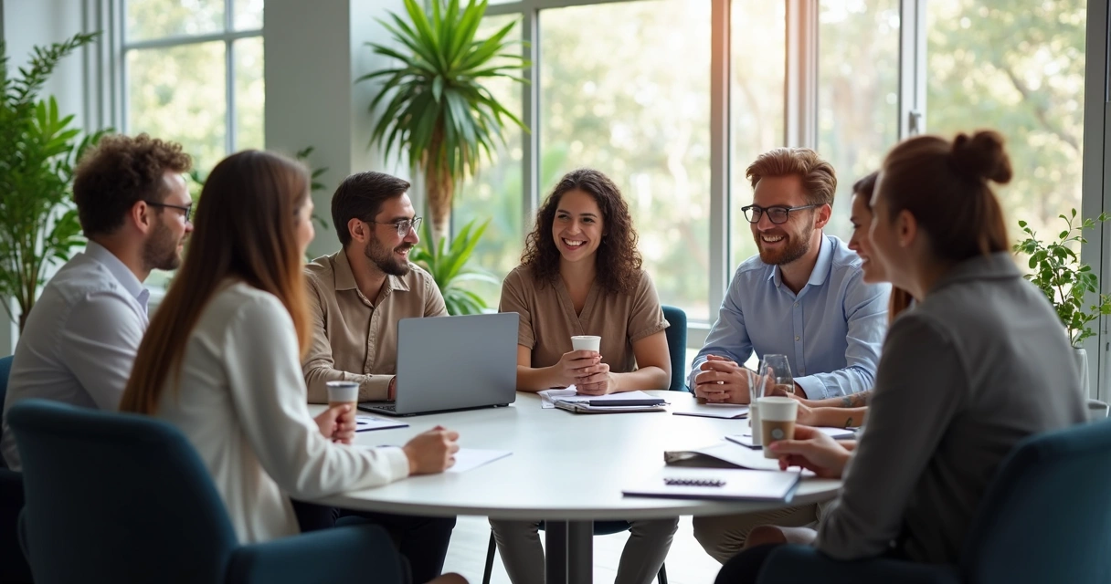 Colaboradores de diferentes origens dialogando ao redor de uma mesa