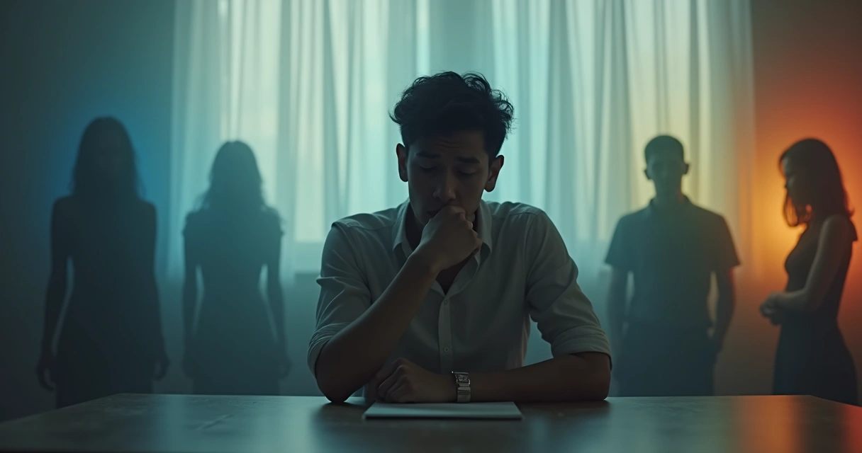 Pessoa refletindo sobre uma decisão, com sombras de emoções ao fundo.