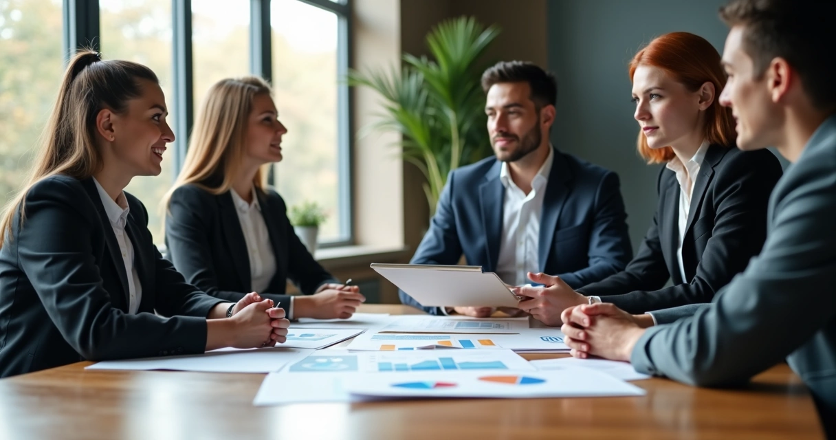 Reunião de negócios com pessoas discutindo documentos na mesa 