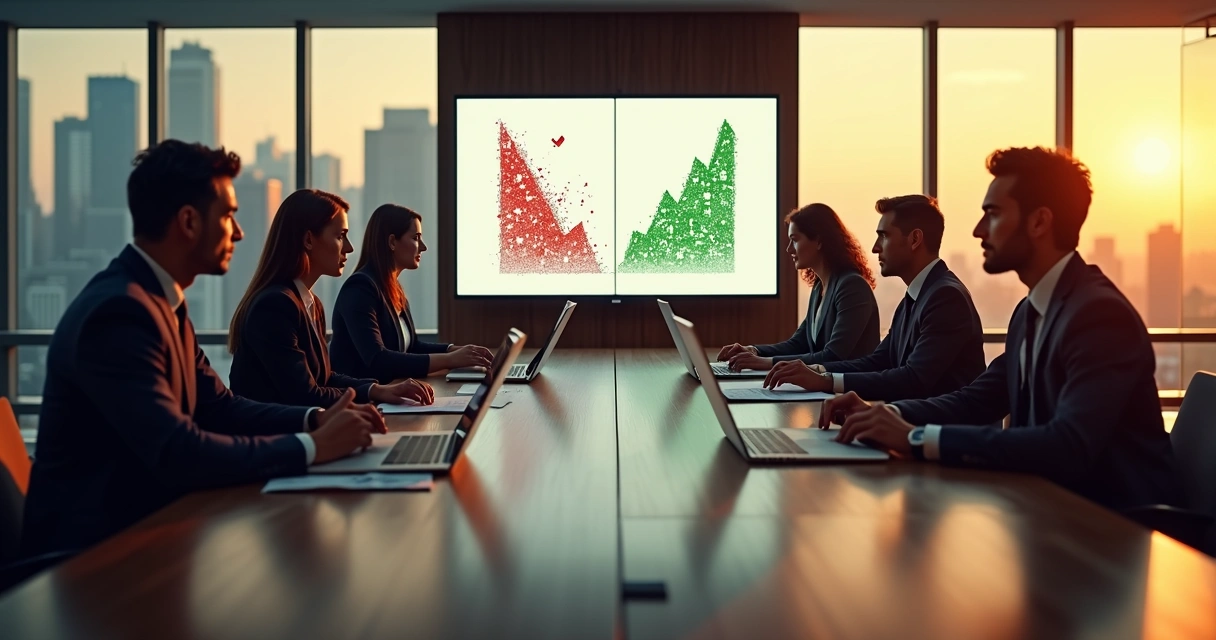 Executivos em reunião avaliando decisão crítica com contraste entre risco e responsabilidade 