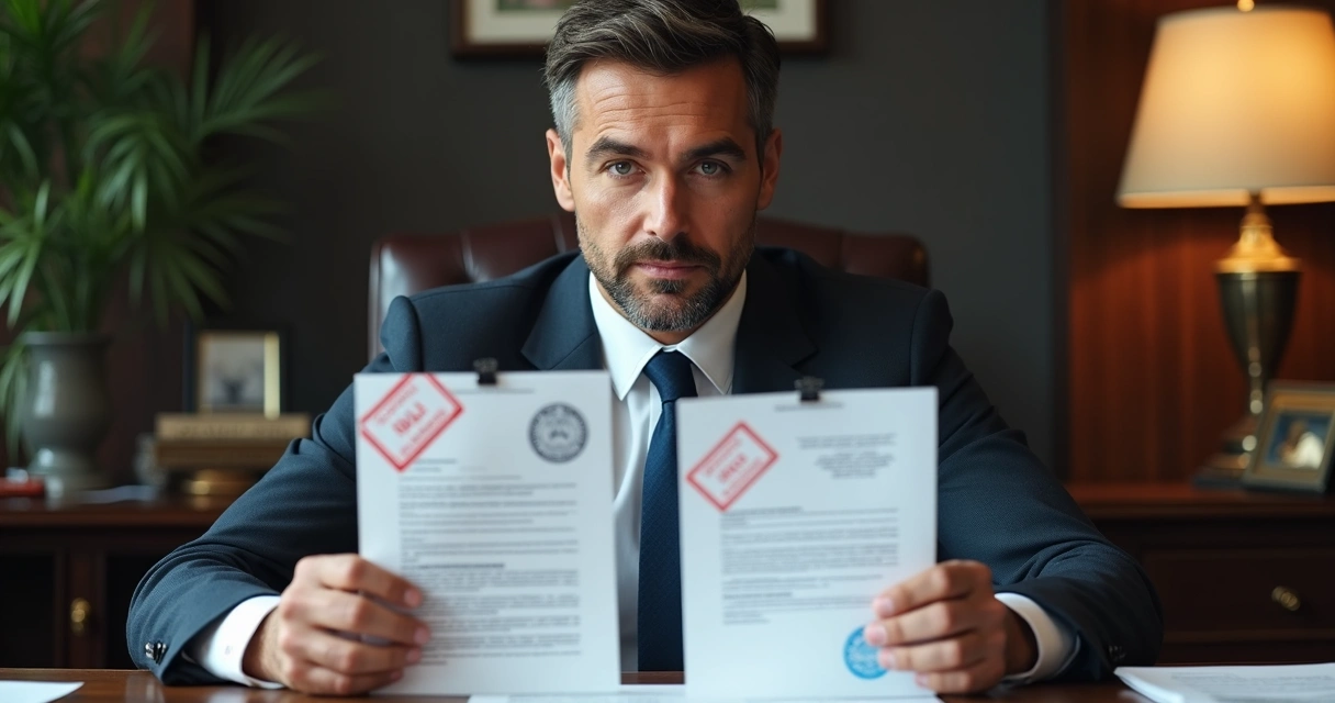 Empresário com expressão pensativa segurando dois contratos 