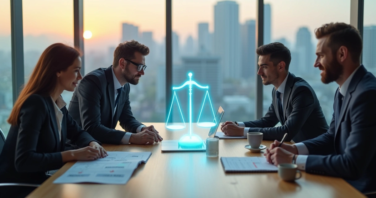 Executivos em reunião avaliando decisão ética em empresa moderna 