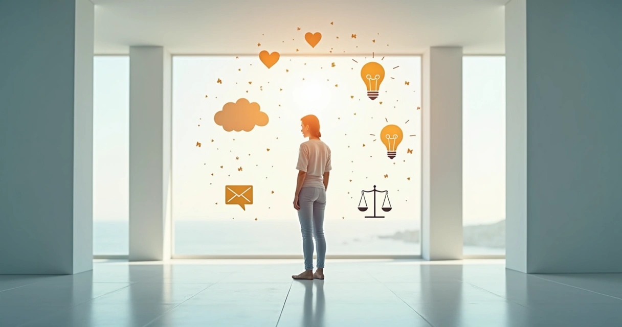 Pessoa refletindo sobre escolhas éticas, rodeada por elementos simbólicos de consciência, emoção, e conexões humanas em um ambiente contemporâneo 