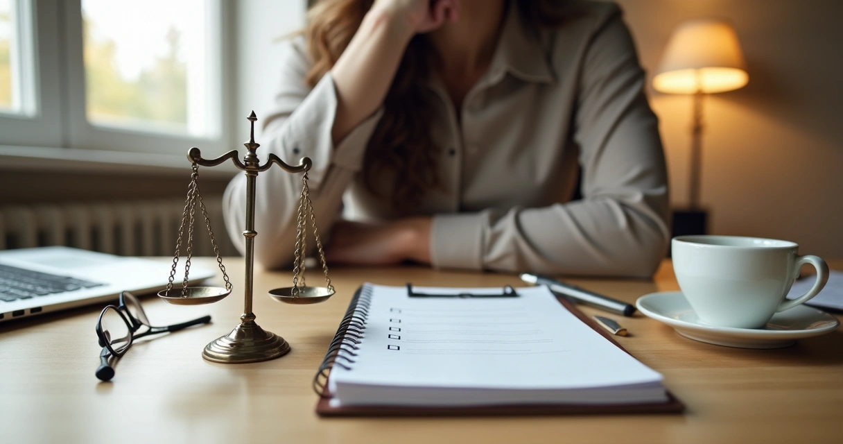 Pessoa avaliando opções éticas com balança de justiça sobre a mesa 