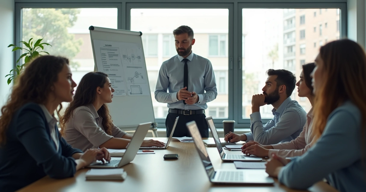 Gestor conversando com equipe em ambiente corporativo, rostos atentos e preocupados