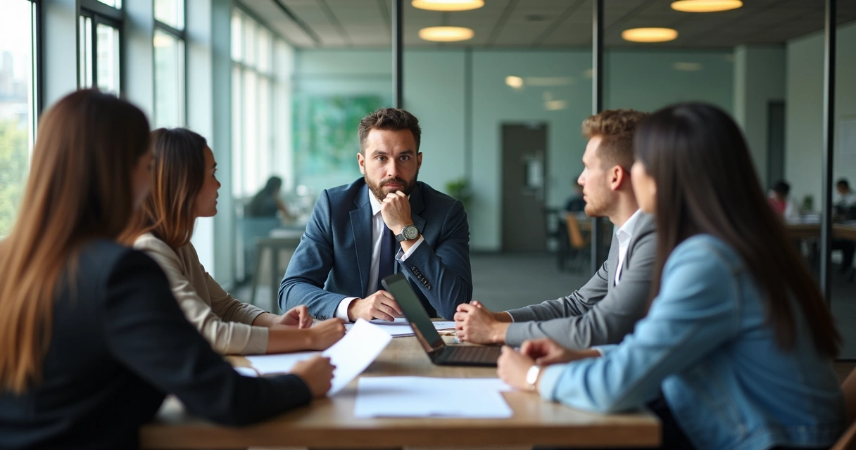 Equipe de trabalho em reunião discutindo questão ética 