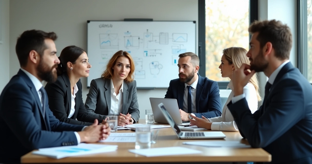 Equipe reunida discutindo dilemas éticos em torno de uma mesa 