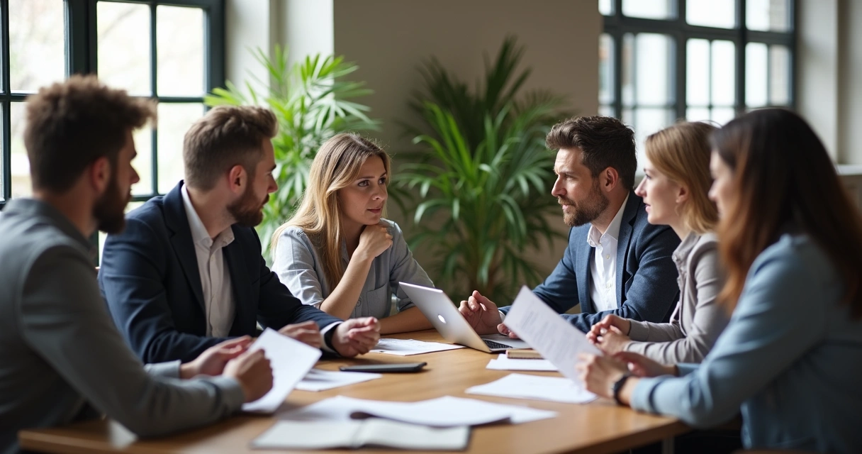 Grupo reunido em mesa de escritório discutindo decisão complexa 