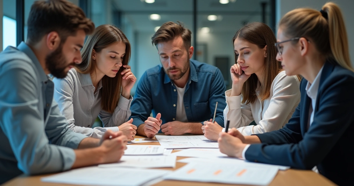 Equipe reunida em uma mesa de trabalho analisando documentos para tomar decisão ética 