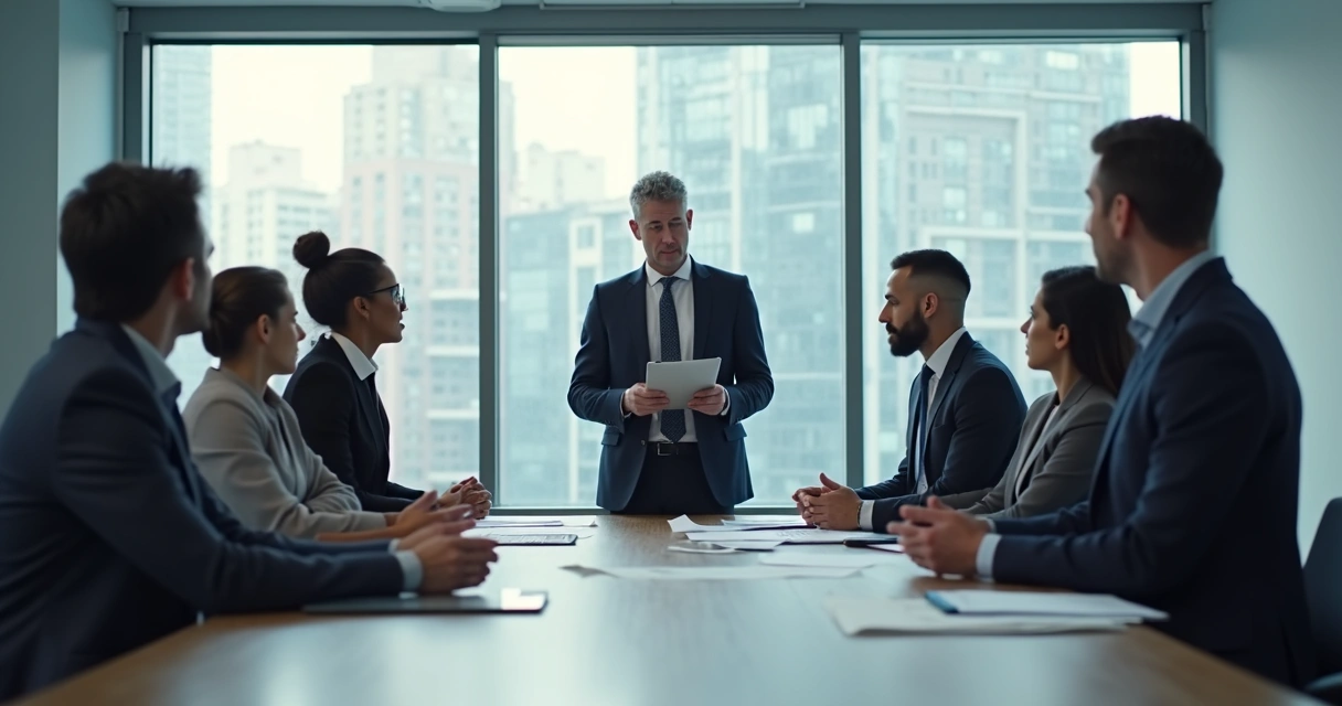 Executivo toma decisão em mesa de trabalho enquanto olha para equipe, cenário moderno de escritório 