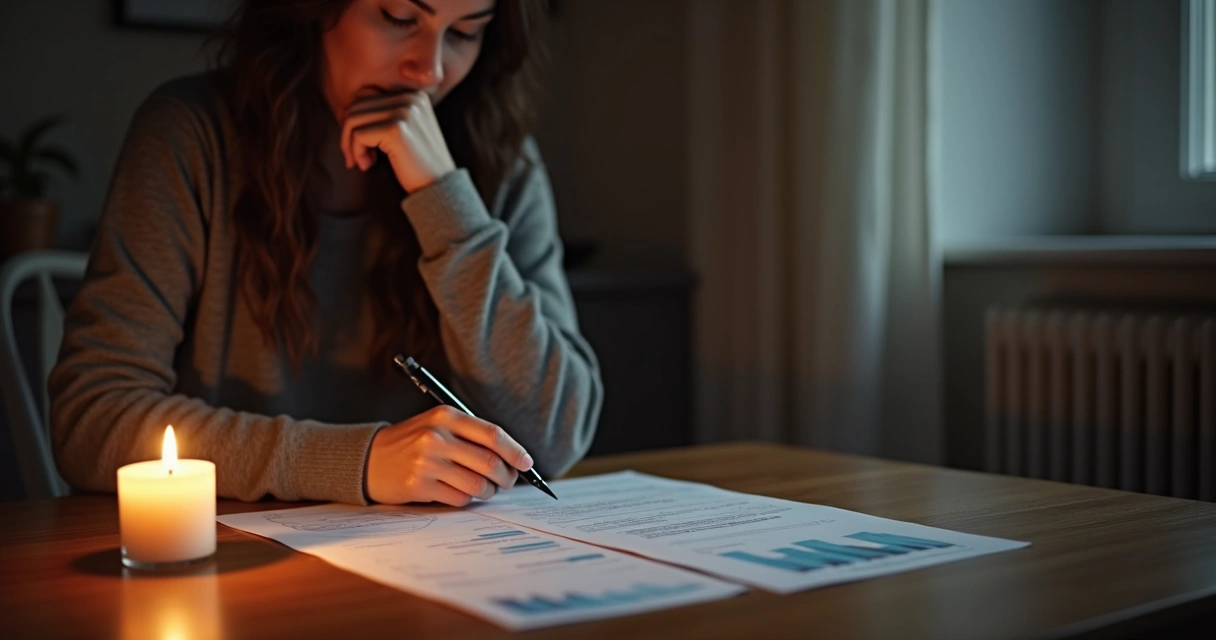 Pessoa analisa documentos financeiros ao lado de uma vela acesa, luz suave, ambiente sóbrio e expressão refletida 