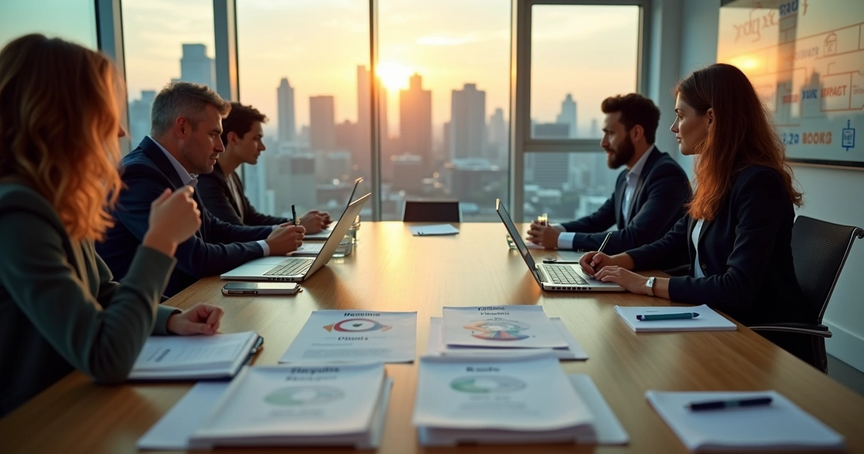 Profissionais em reunião avaliando opções de decisão ética em ambiente corporativo moderno 