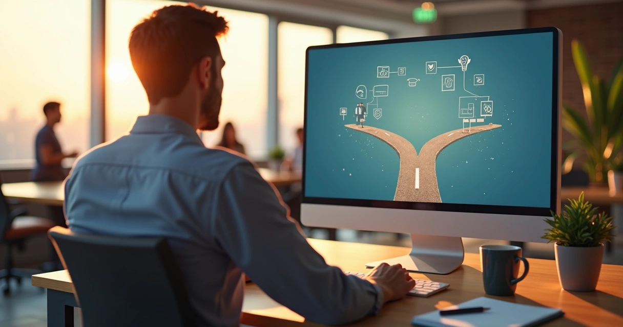 Profissional em escritório refletindo diante de encruzilhada com ícones de ética e negócios 