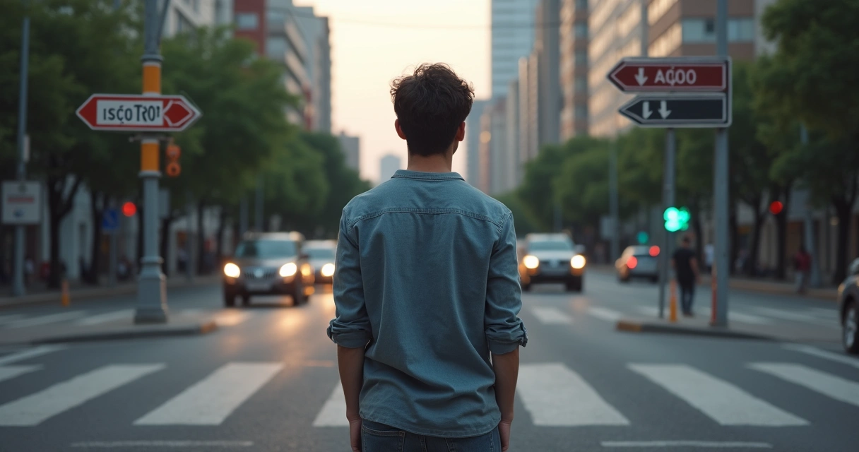 Pessoa olhando para duas placas com opções opostas, ambiente urbano e ar de escolha ética. 