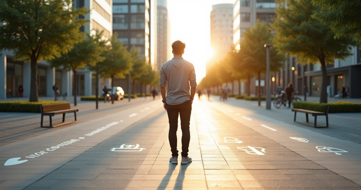 Pessoa refletindo diante de encruzilhada com símbolos de ética e escolhas do dia a dia 