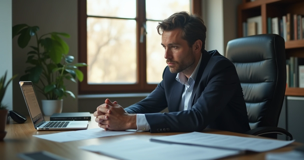 Pessoa em ambiente corporativo com expressão pensativa, mãos cruzadas sobre documentos, luz suave vindo de uma janela 