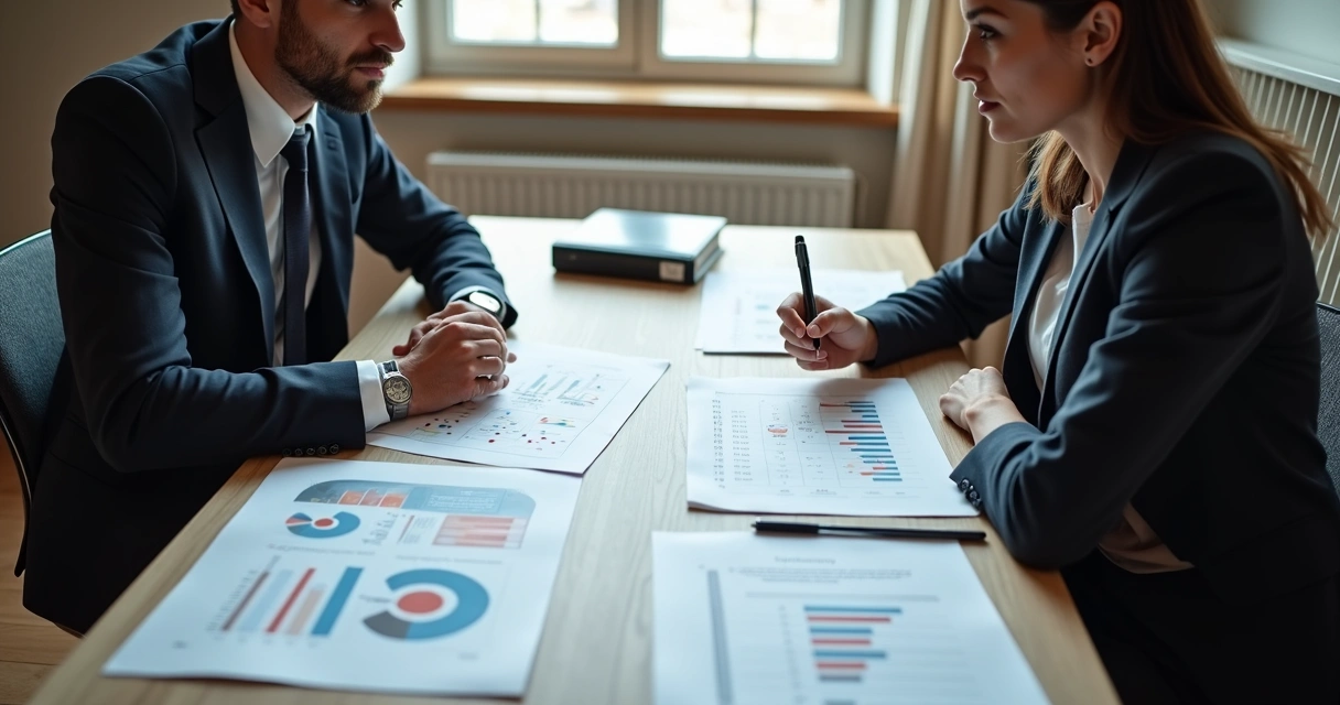 Duas pessoas analisam documentos em uma mesa, avaliando possíveis decisões éticas 