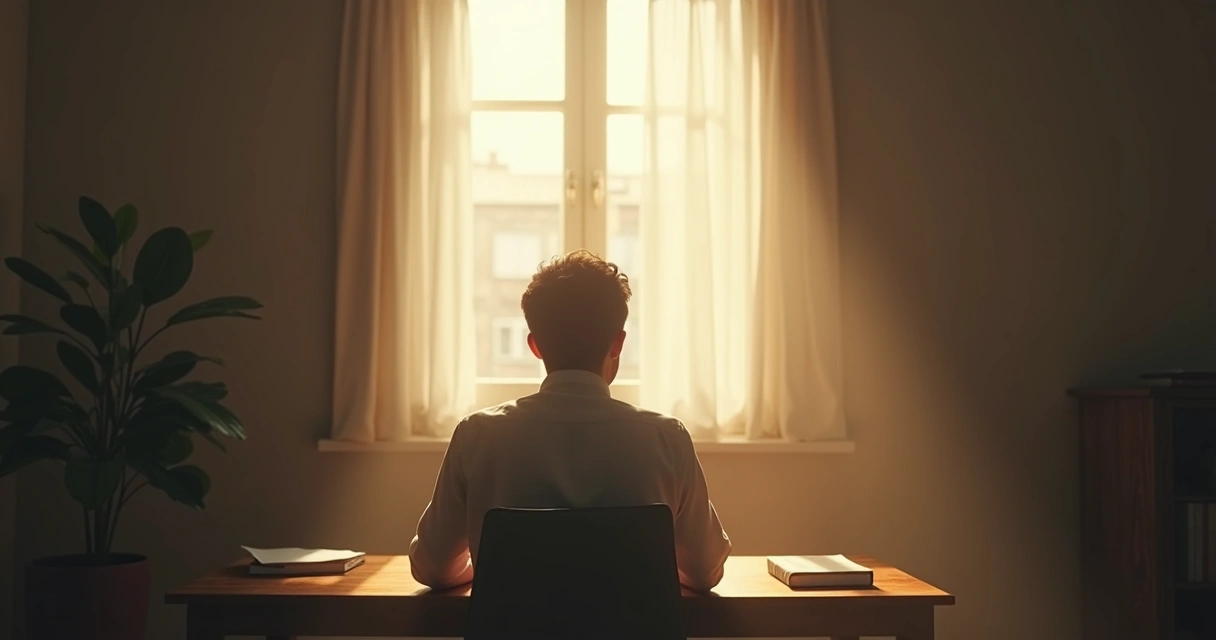 Pessoa refletindo em silêncio em uma sala com luz suave