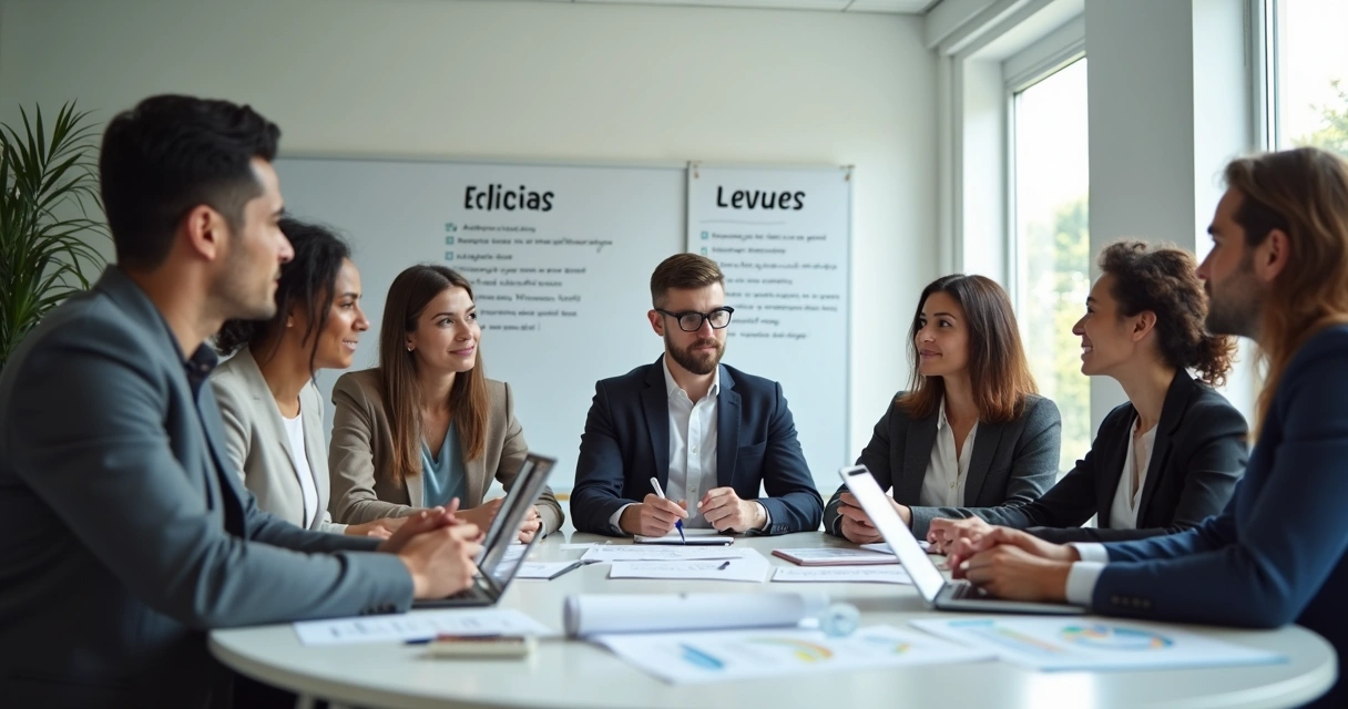 Reunião de equipe avaliando dilemas éticos em sala moderna 