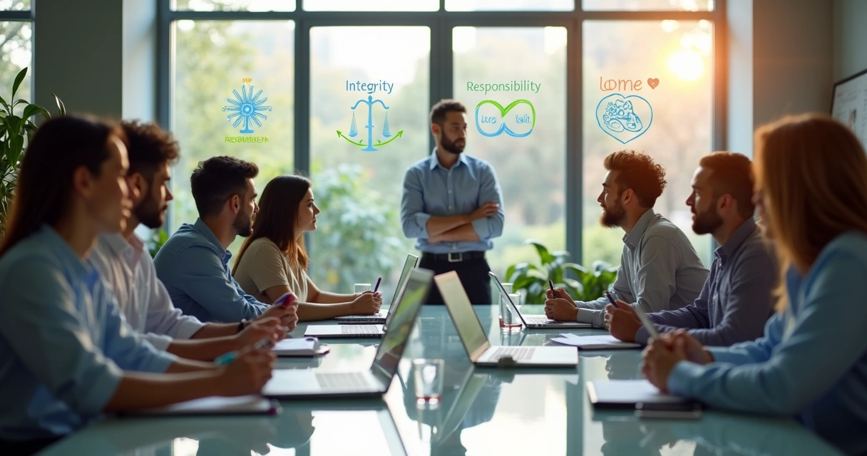 Equipe diversa em reunião observando quadro com princípios éticos no escritório 