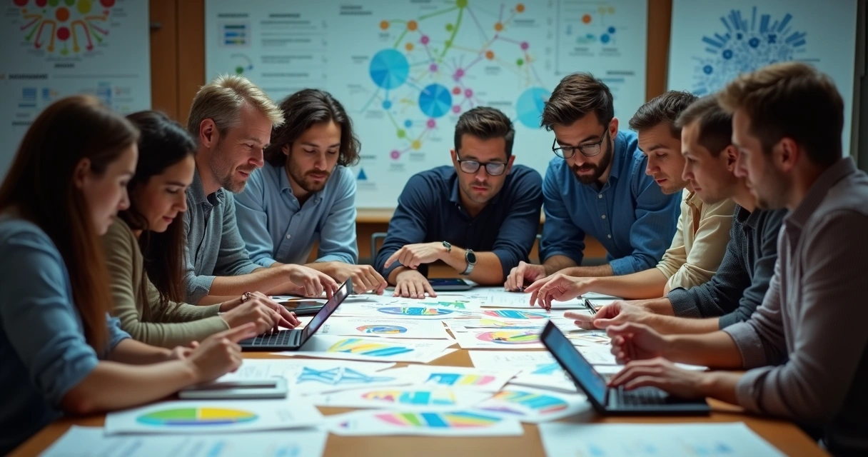 Pessoas em volta de uma mesa analisando papéis, com gráficos coloridos ao fundo 