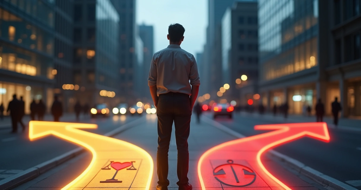 Pessoa diante de encruzilhada avaliando decisão ética sob pressão 