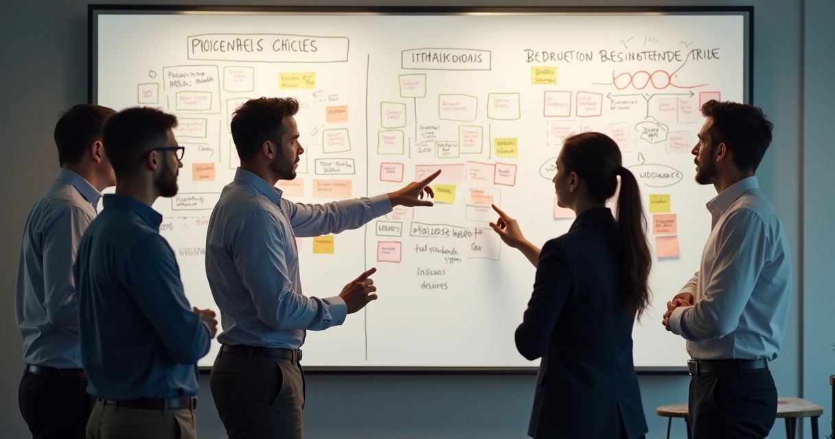 Equipe analisando opções e valores em uma lousa 