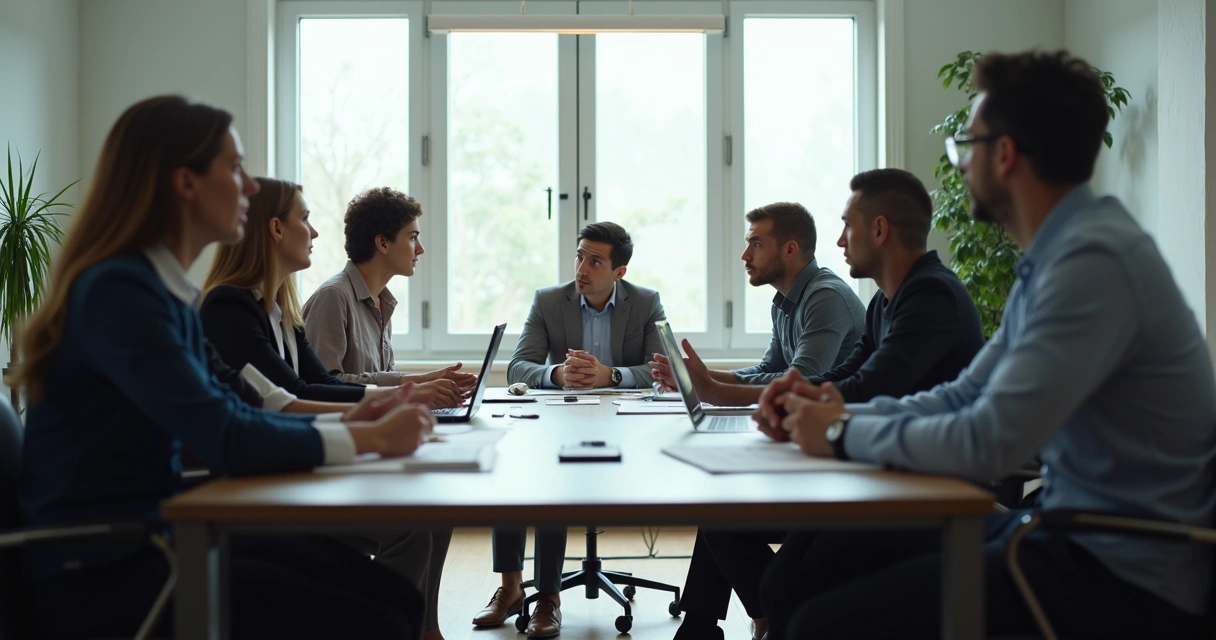 Colegas de trabalho conversando em uma mesa com documentos, expressando preocupação