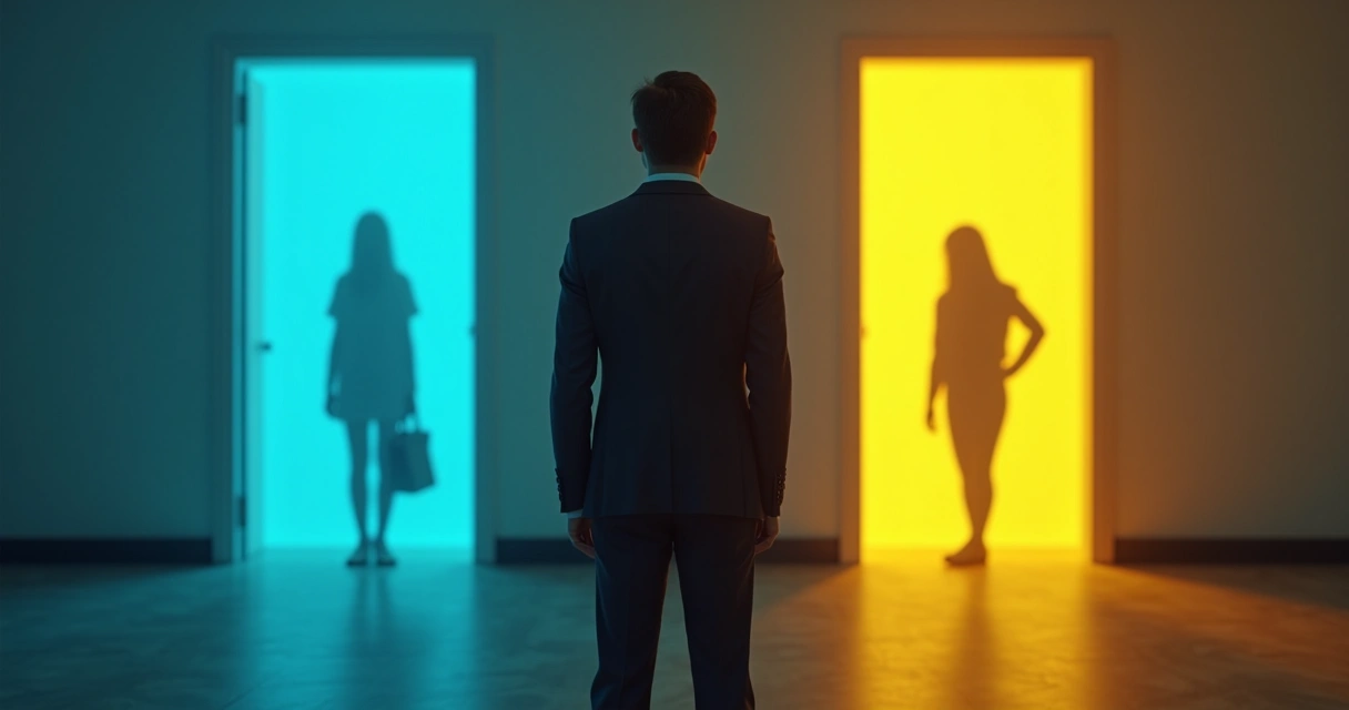 Homem olhando para duas portas em ambiente corporativo 