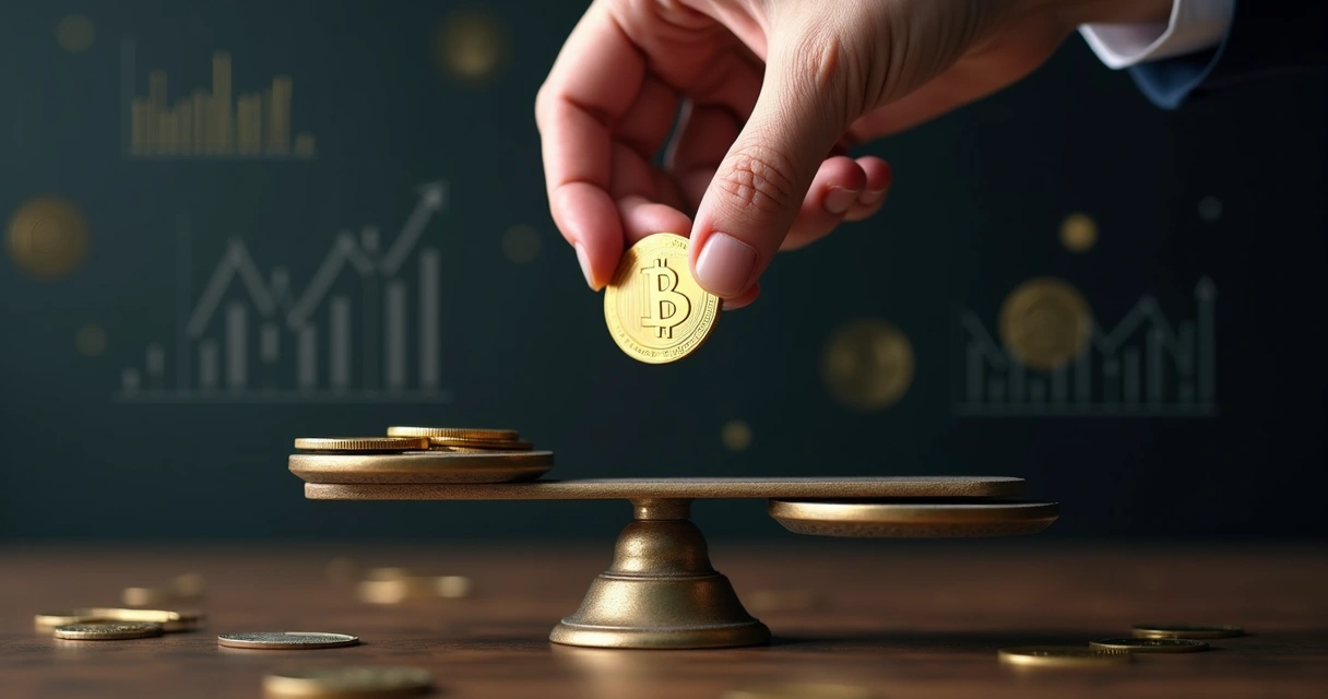 Mão segurando moeda dourada acima de uma balança elegante com pesos de valores, tudo em fundo escuro sutil 