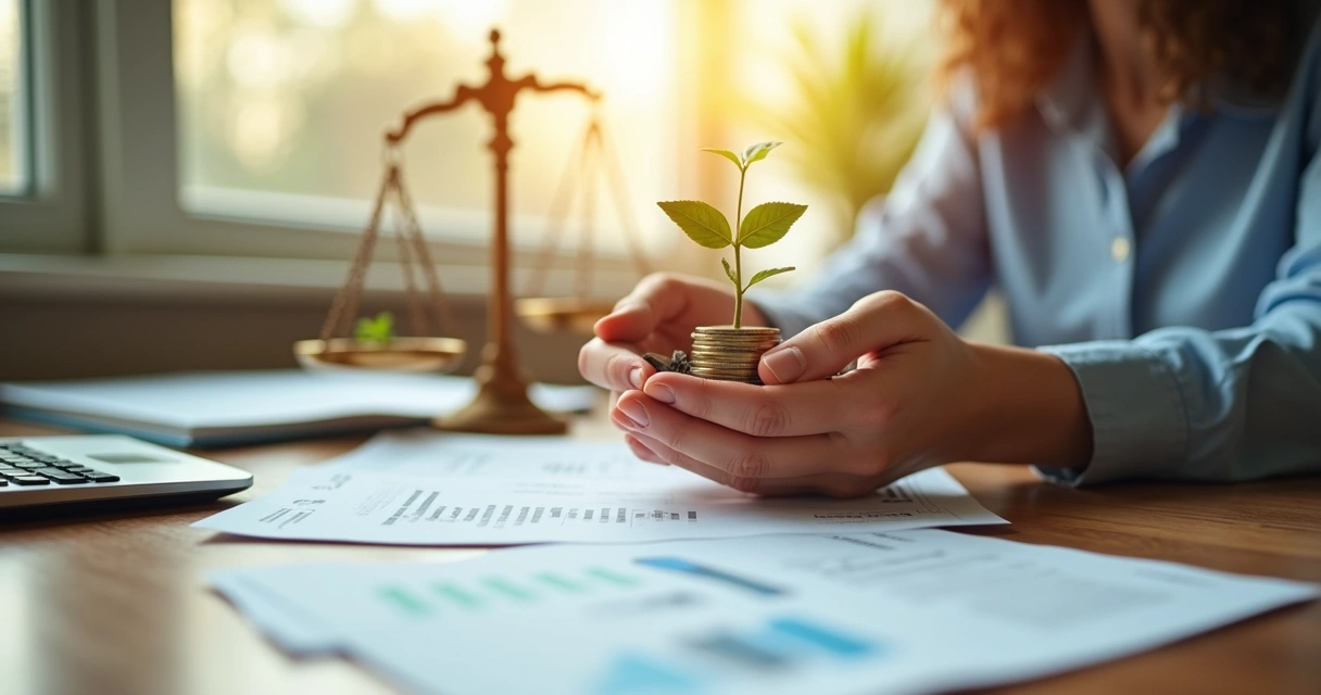 Pessoa analisando opções financeiras sobre uma mesa, com elementos simbólicos de equilíbrio e reflexão 