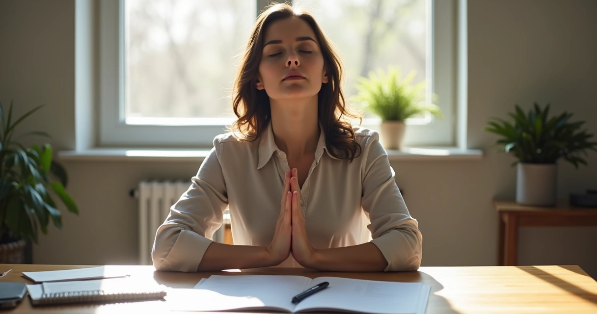 Pessoa sentada em mesa com papéis, olhos fechados, respirando fundo ao analisar finanças 
