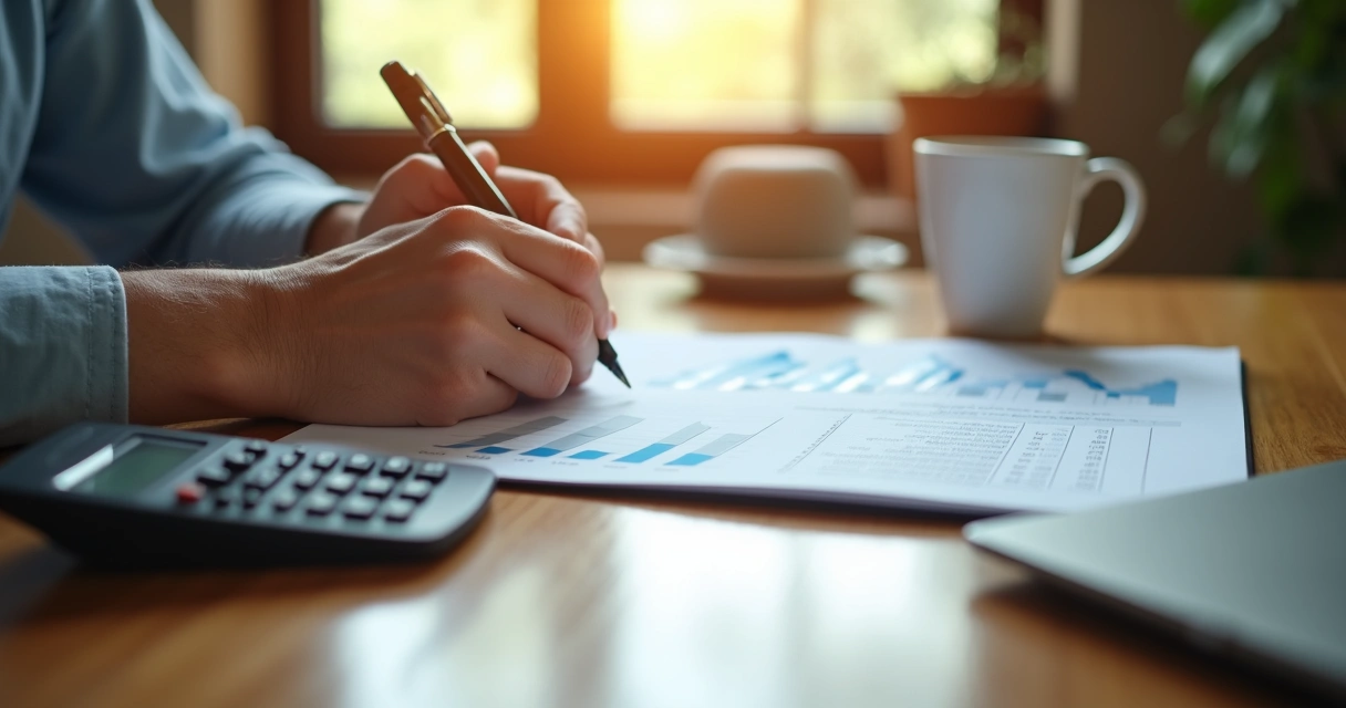 Pessoa analisando finanças pessoais com tranquilidade ao lado de uma xícara de café 