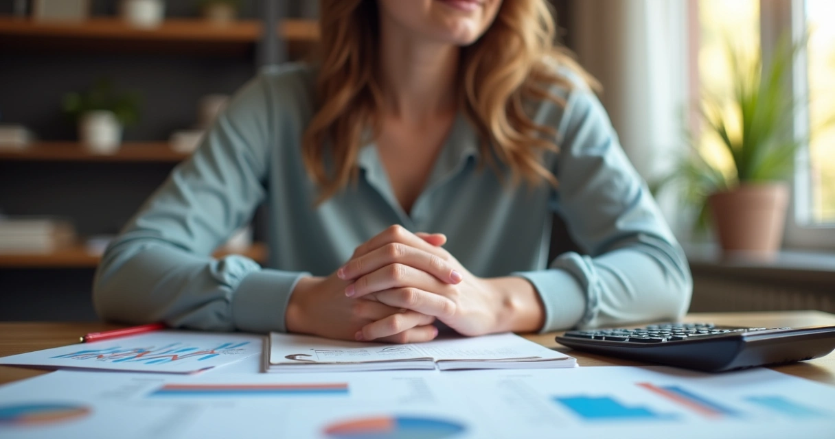 Pessoa refletindo antes de tomar decisão financeira, sentada à mesa com anotações e gráficos
