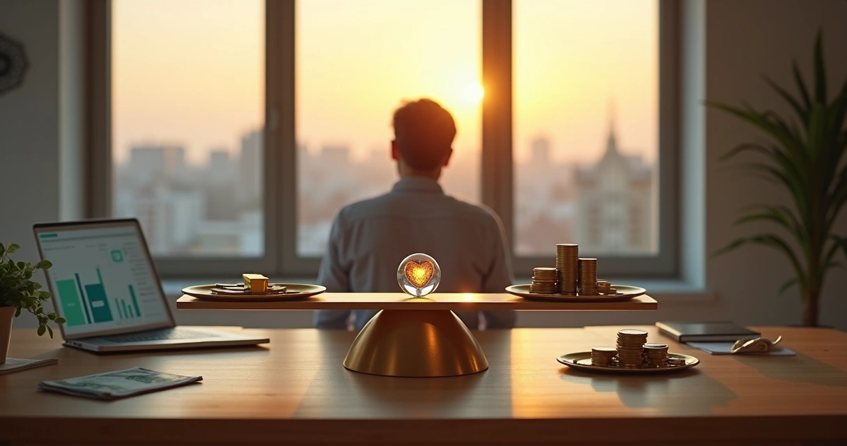 Pessoa avaliando decisão financeira com balança entre dinheiro e propósito 